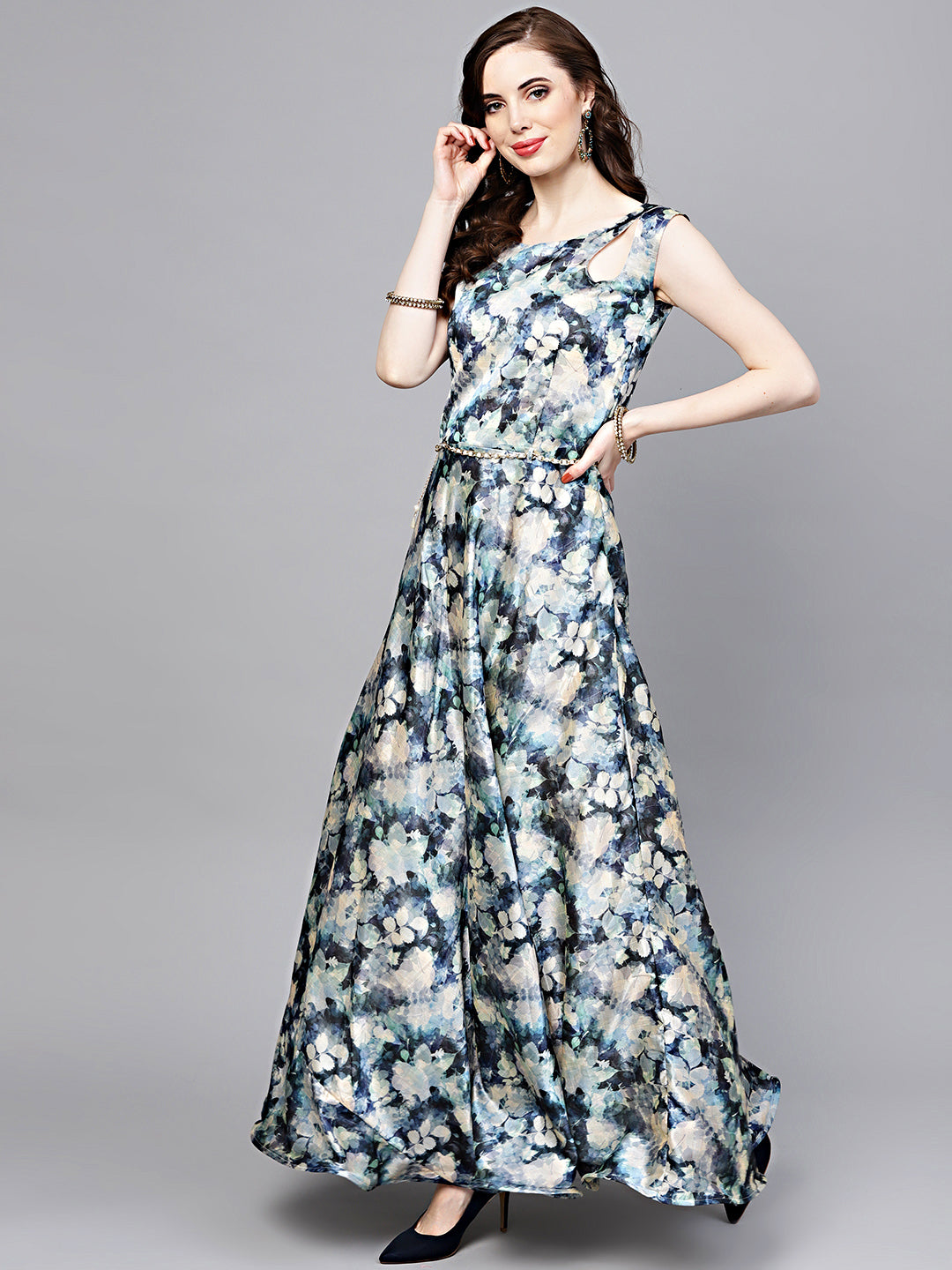 Floral Print Dress with Belt and Cut-out keyhole pattern