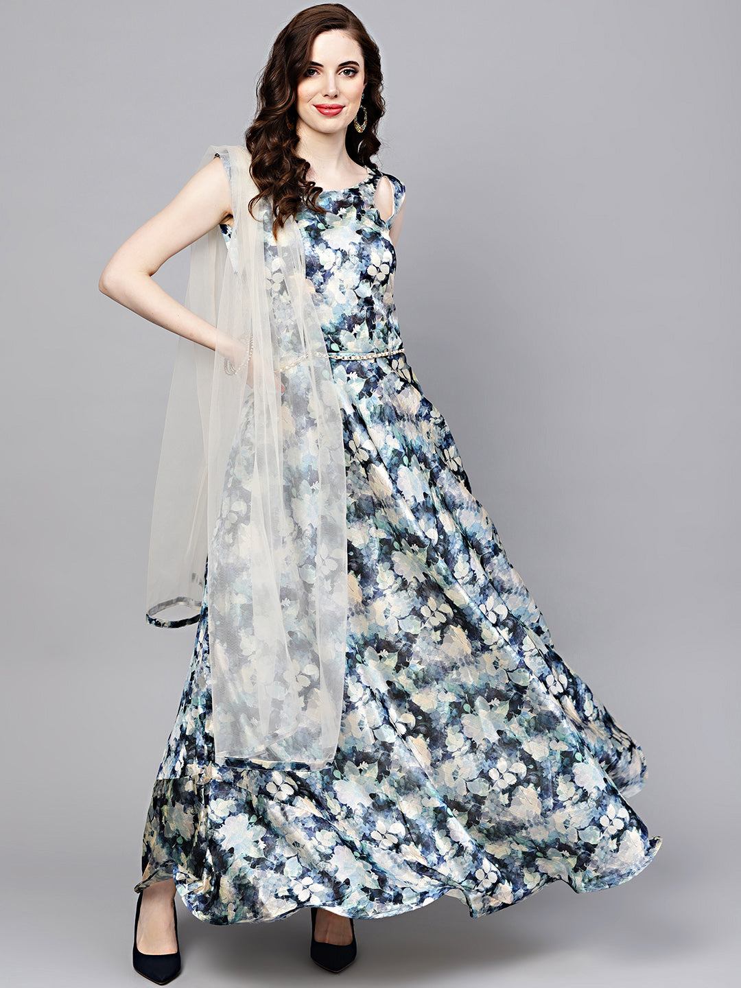 Floral Print Dress with Belt and Cut-out keyhole pattern