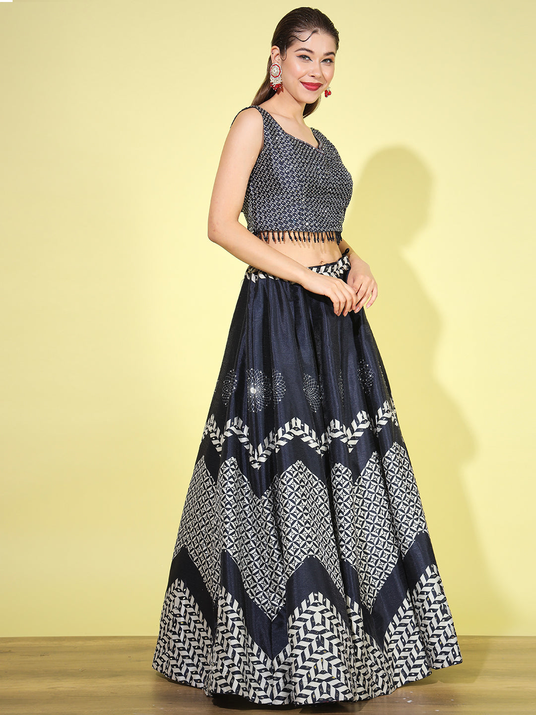 Chevron Geometric Digital Print Lehenga Choli with Belt & dupatta