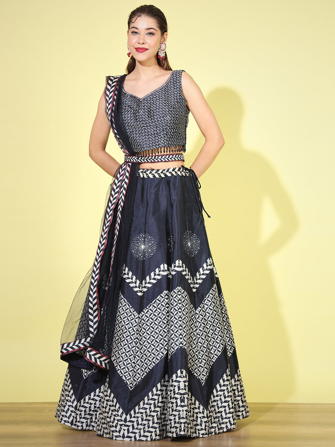 Chevron Geometric Digital Print Lehenga Choli with Belt & dupatta