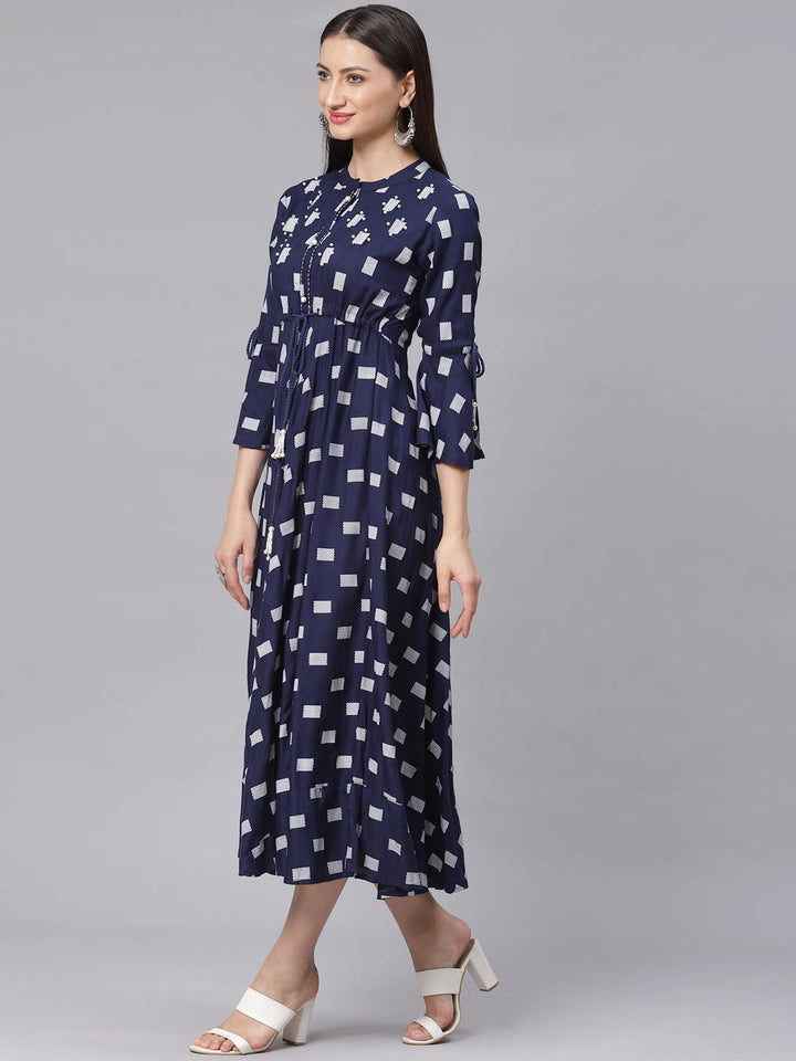 Made to Measure Geometrical Print Flared Dress with Pearls, Tassels and Bell Sleeves