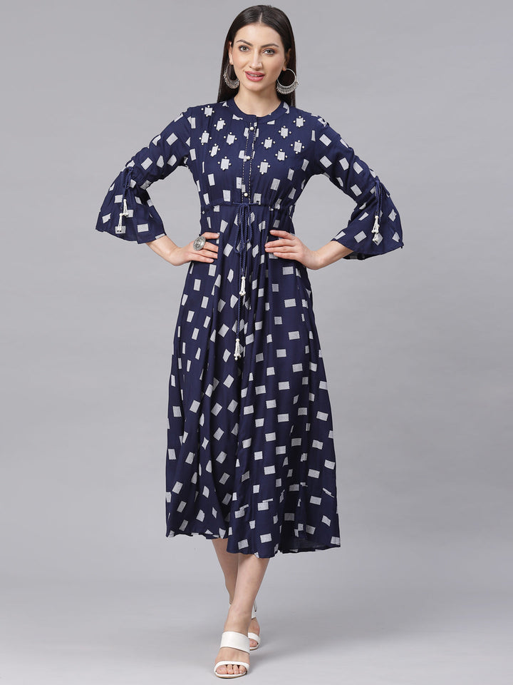 Made to Measure Geometrical Print Flared Dress with Pearls, Tassels and Bell Sleeves