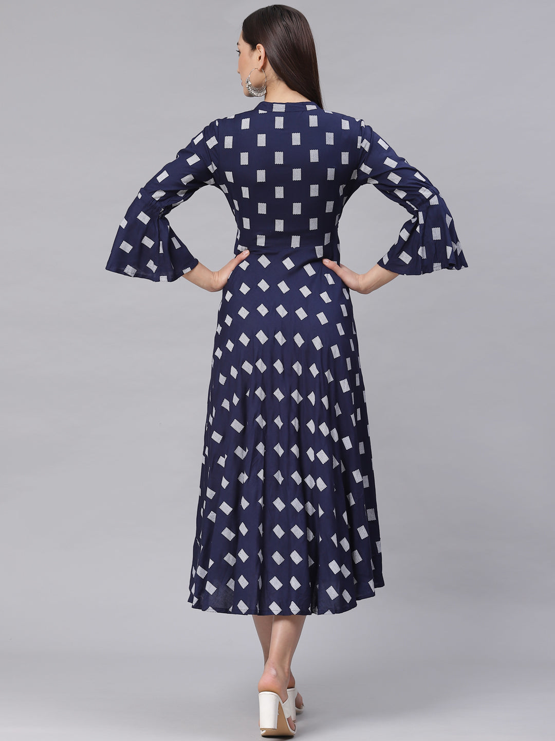 Made to Measure Geometrical Print Flared Dress with Pearls, Tassels and Bell Sleeves