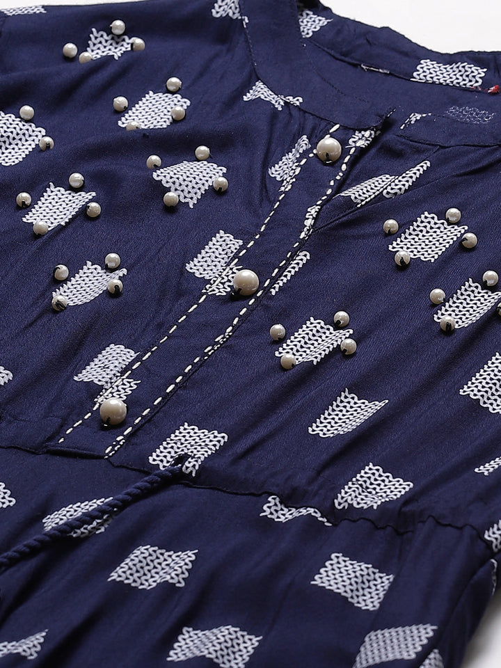 Made to Measure Geometrical Print Flared Dress with Pearls, Tassels and Bell Sleeves