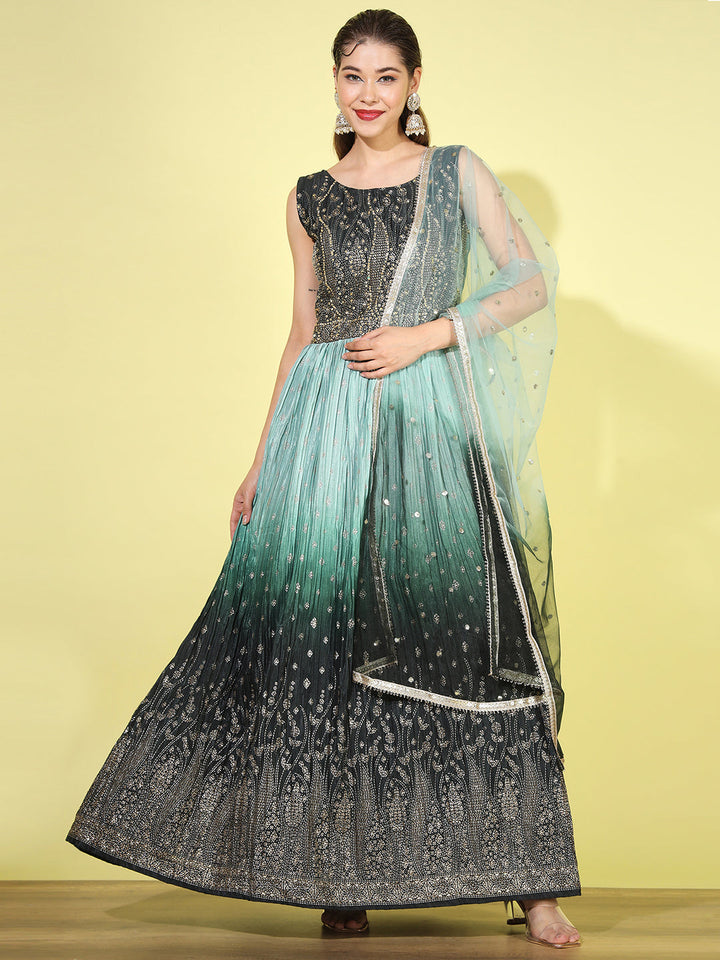 Green Ombre Foil Print Embellished Flared Gown with Net Dupatta