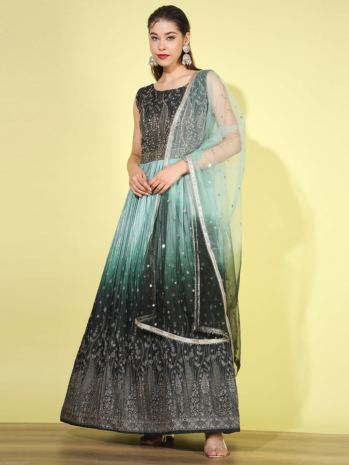 Green Ombre Foil Print Embellished Flared Gown with Net Dupatta