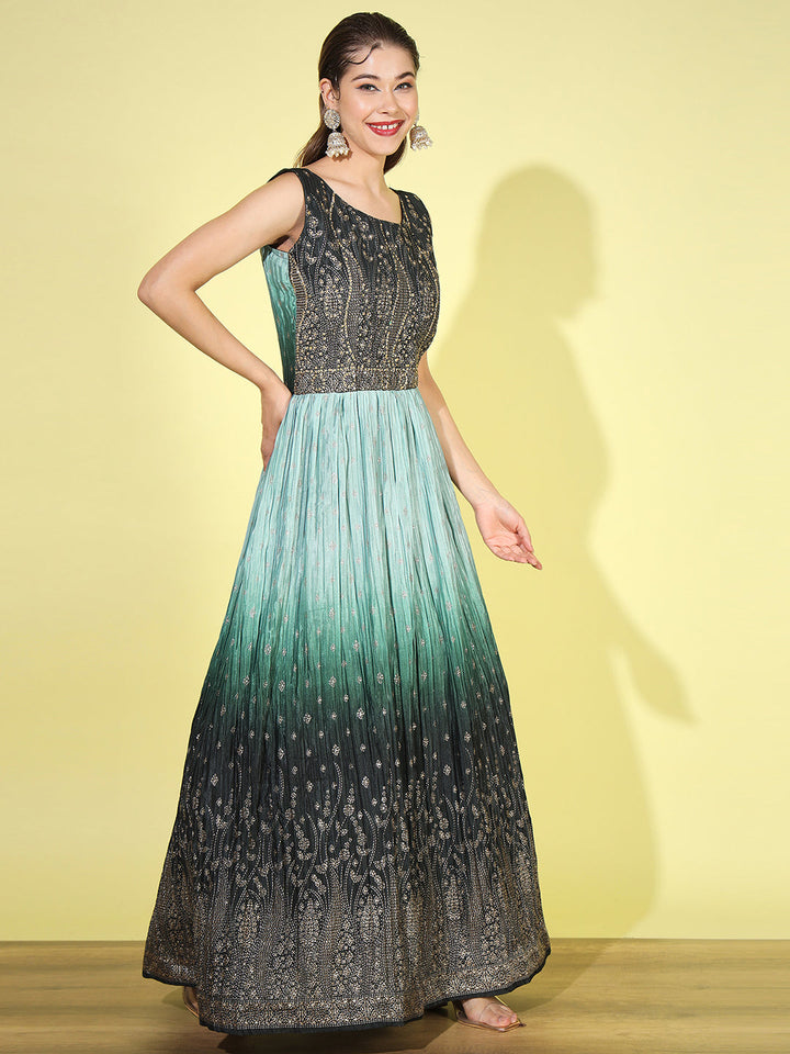 Green Ombre Foil Print Embellished Flared Gown with Net Dupatta