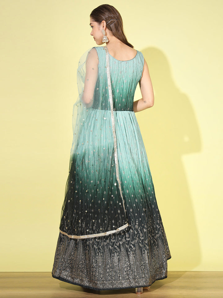 Green Ombre Foil Print Embellished Flared Gown with Net Dupatta
