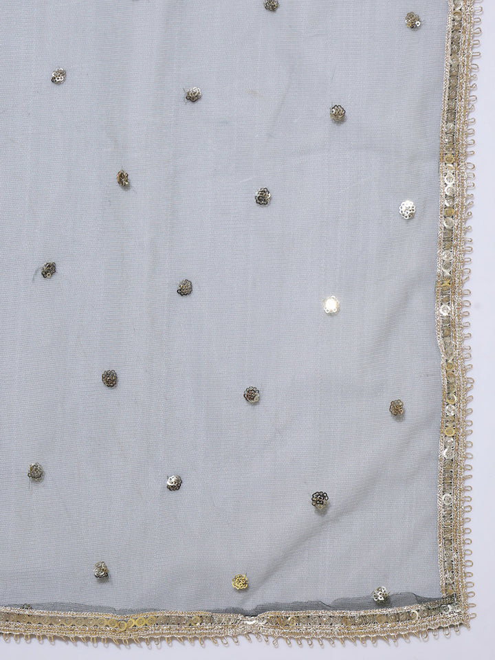 Green Ombre Foil Print Embellished Flared Gown with Net Dupatta