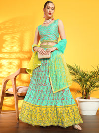 Chhabra 555 Bohemian Print Colorblocked Pleated Lehenga with Tassled Crop Top & Ombre Sequin Dupatta