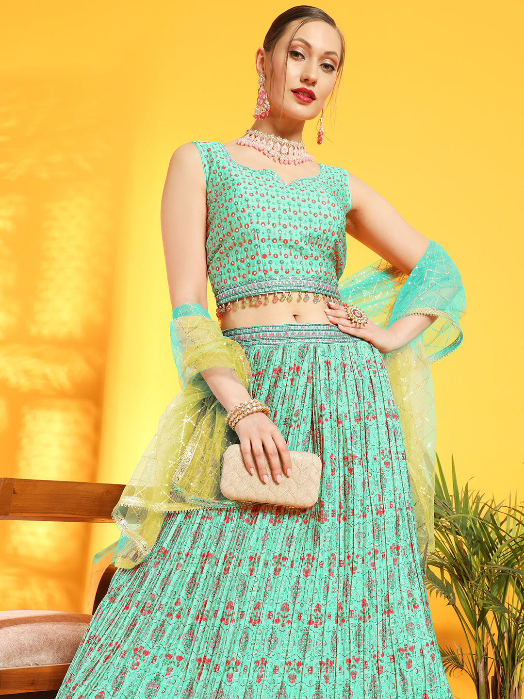 Chhabra 555 Bohemian Print Colorblocked Pleated Lehenga with Tassled Crop Top & Ombre Sequin Dupatta