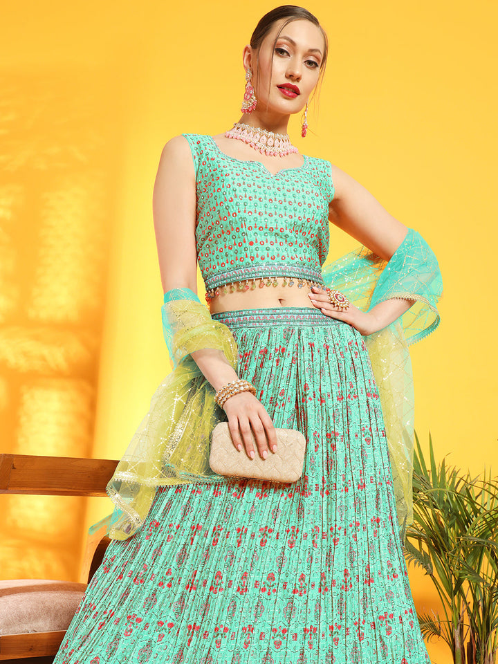 Chhabra 555 Bohemian Print Colorblocked Pleated Lehenga with Tassled Crop Top & Ombre Sequin Dupatta