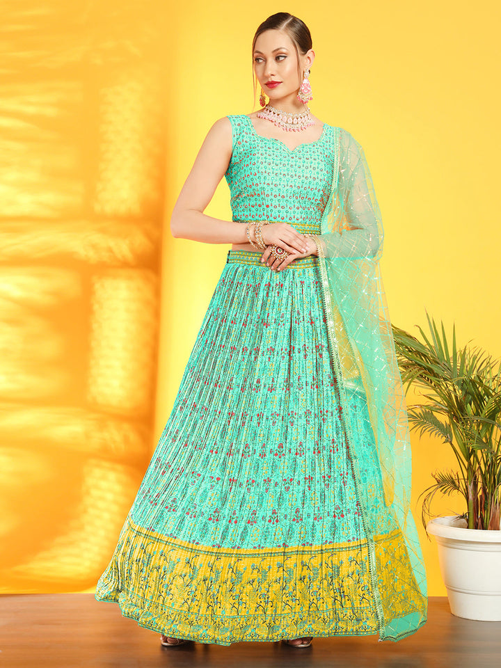 Chhabra 555 Bohemian Print Colorblocked Pleated Lehenga with Tassled Crop Top & Ombre Sequin Dupatta