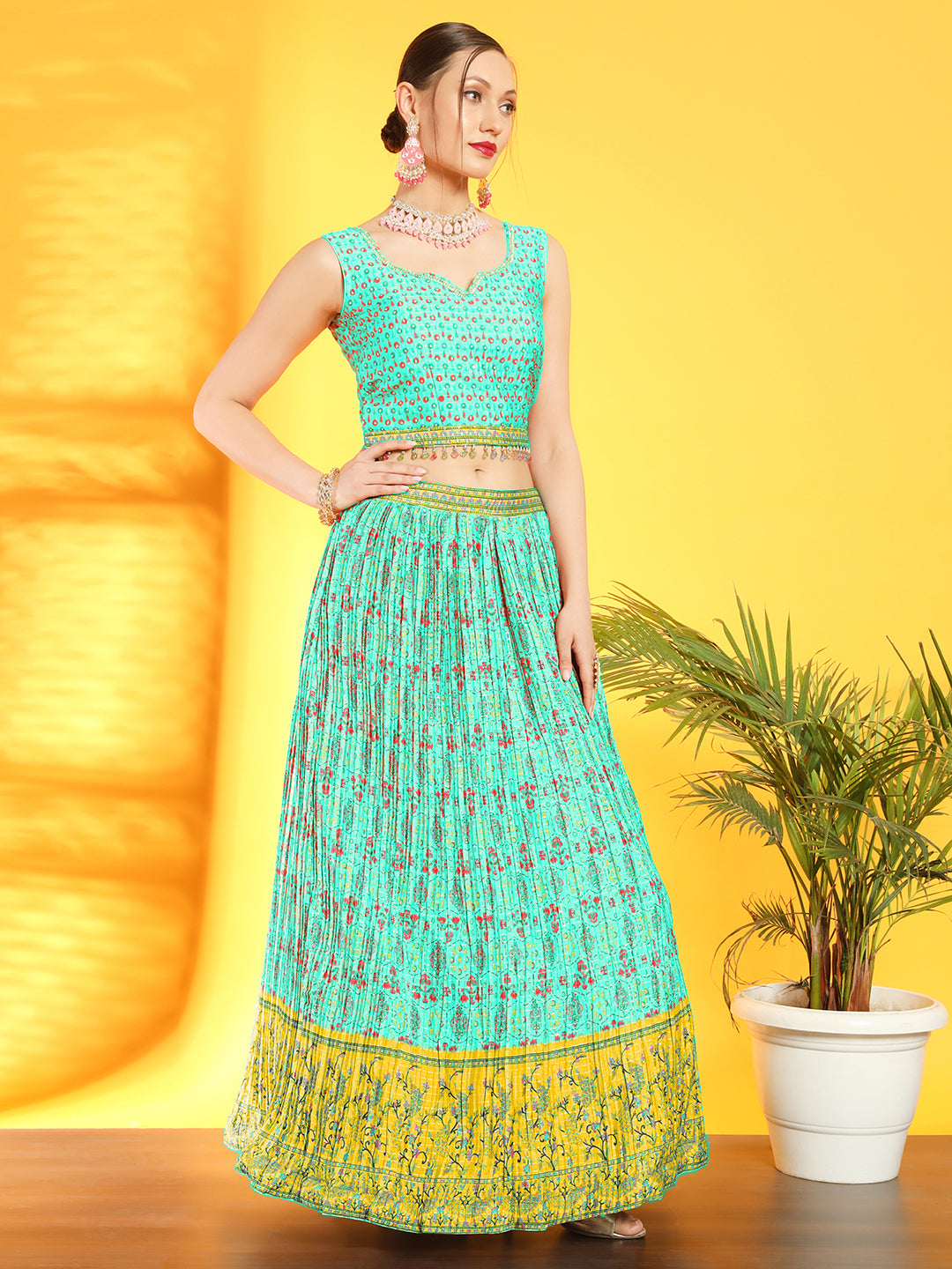 Chhabra 555 Bohemian Print Colorblocked Pleated Lehenga with Tassled Crop Top & Ombre Sequin Dupatta