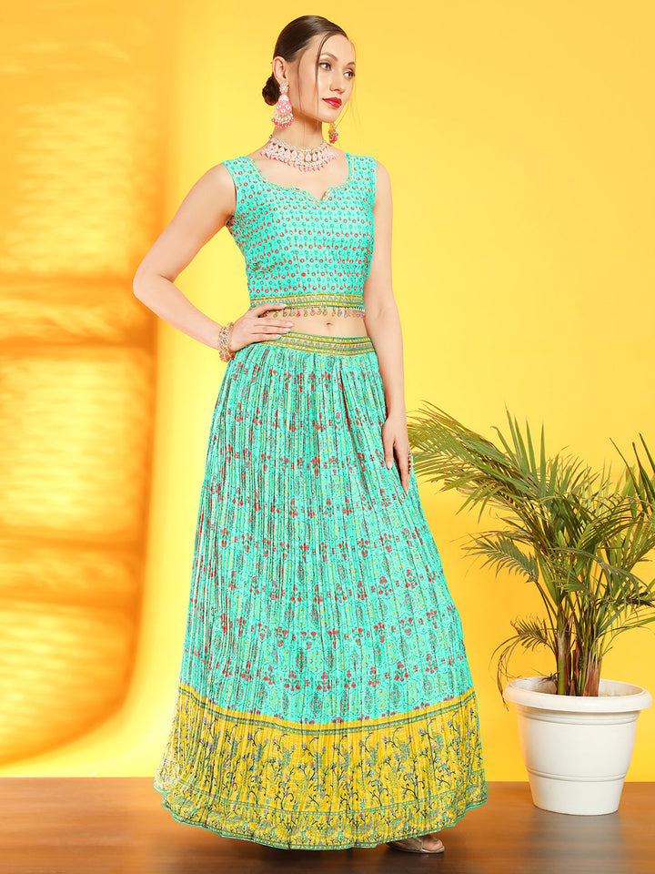 Chhabra 555 Bohemian Print Colorblocked Pleated Lehenga with Tassled Crop Top & Ombre Sequin Dupatta