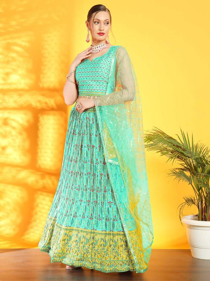 Chhabra 555 Bohemian Print Colorblocked Pleated Lehenga with Tassled Crop Top & Ombre Sequin Dupatta