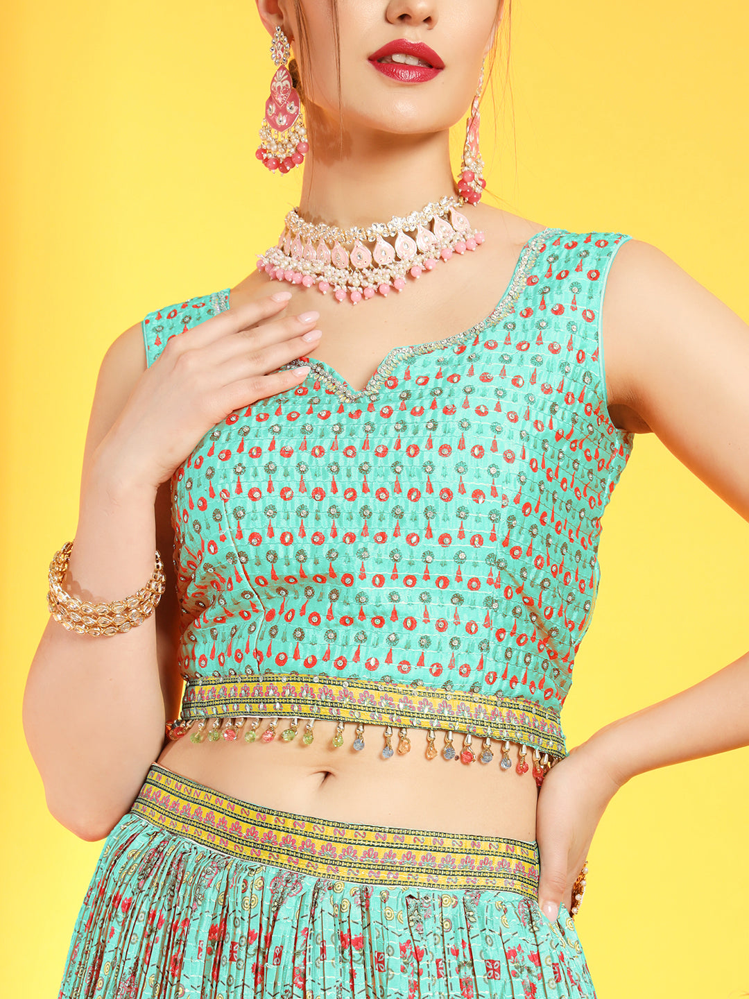 Chhabra 555 Bohemian Print Colorblocked Pleated Lehenga with Tassled Crop Top & Ombre Sequin Dupatta