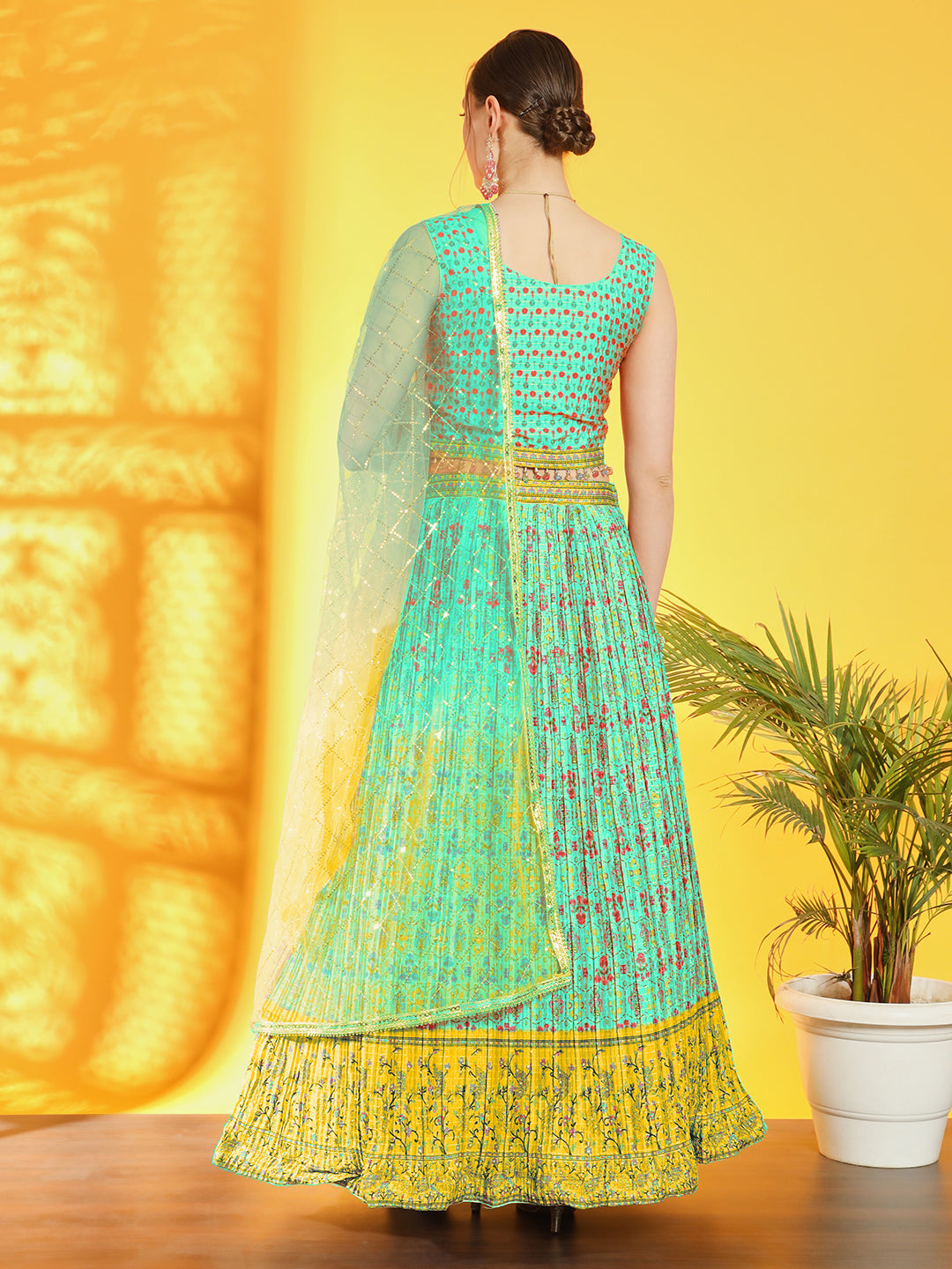 Chhabra 555 Bohemian Print Colorblocked Pleated Lehenga with Tassled Crop Top & Ombre Sequin Dupatta