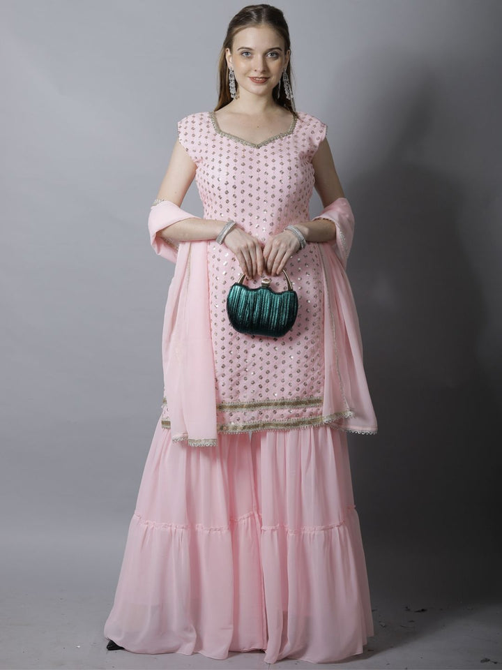 Pink Sequin Embroidered Georgette Kurta with Layered Sharara