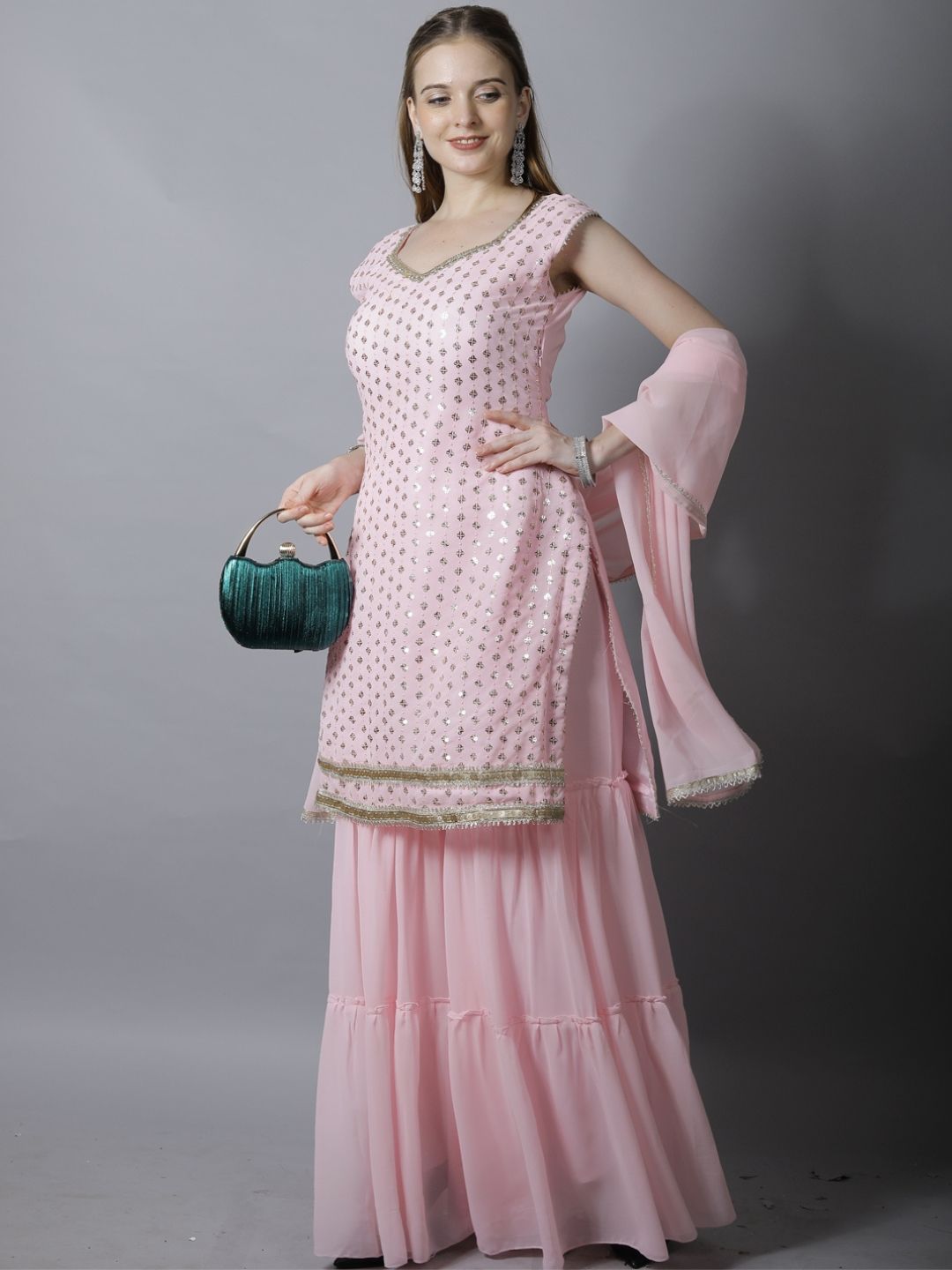 Pink Sequin Embroidered Georgette Kurta with Layered Sharara