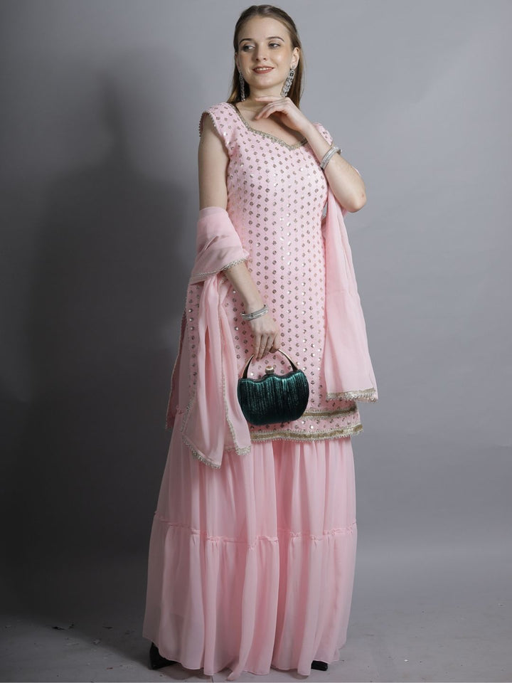 Pink Sequin Embroidered Georgette Kurta with Layered Sharara