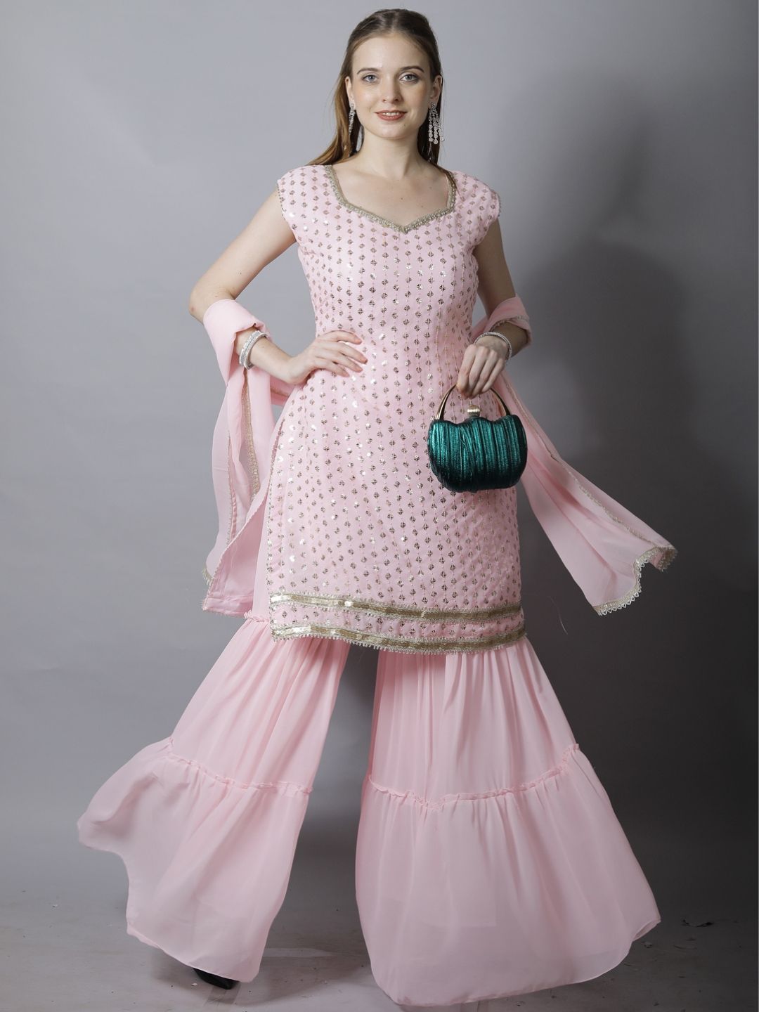 Pink Sequin Embroidered Georgette Kurta with Layered Sharara