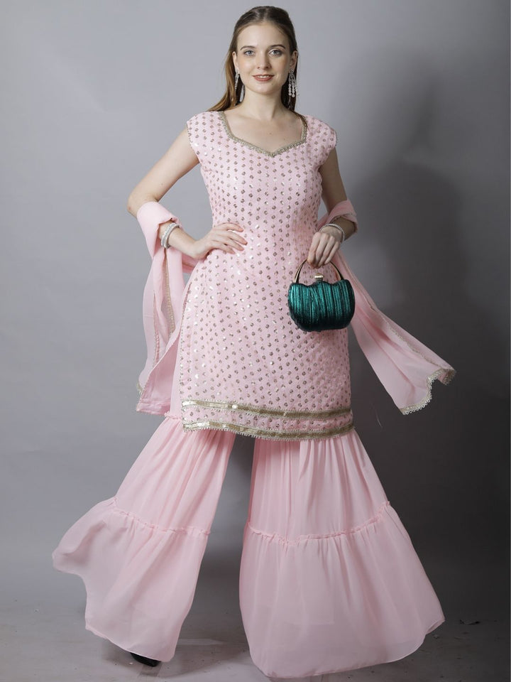 Pink Sequin Embroidered Georgette Kurta with Layered Sharara