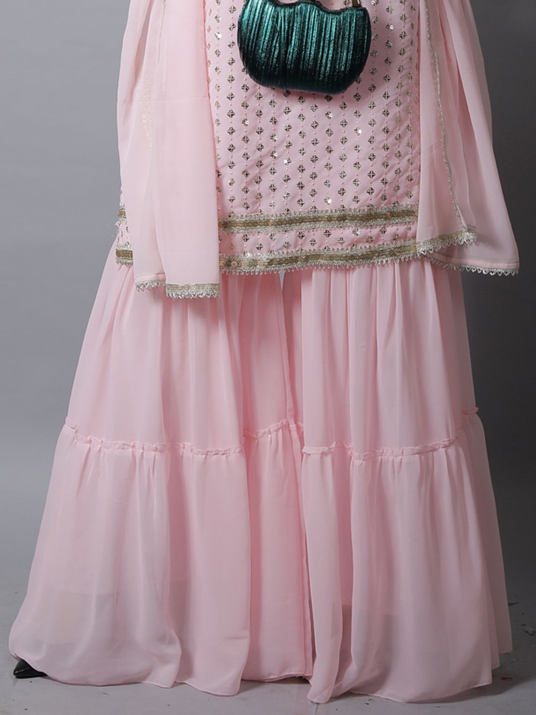 Pink Sequin Embroidered Georgette Kurta with Layered Sharara