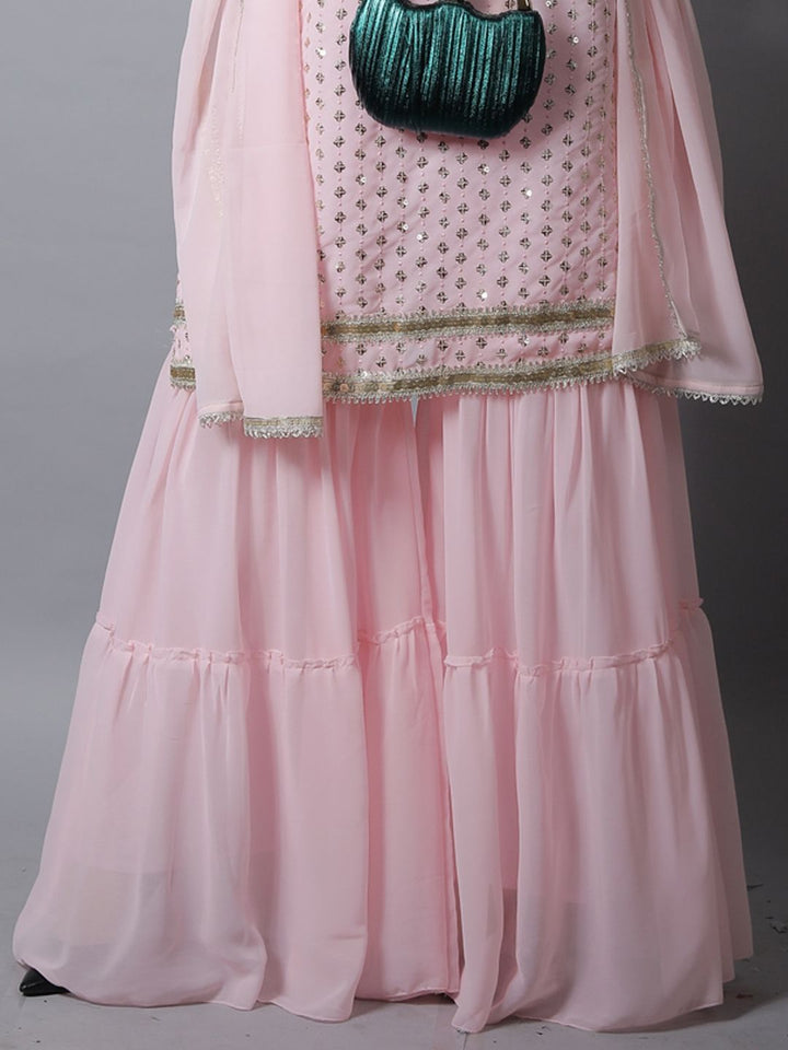 Pink Sequin Embroidered Georgette Kurta with Layered Sharara