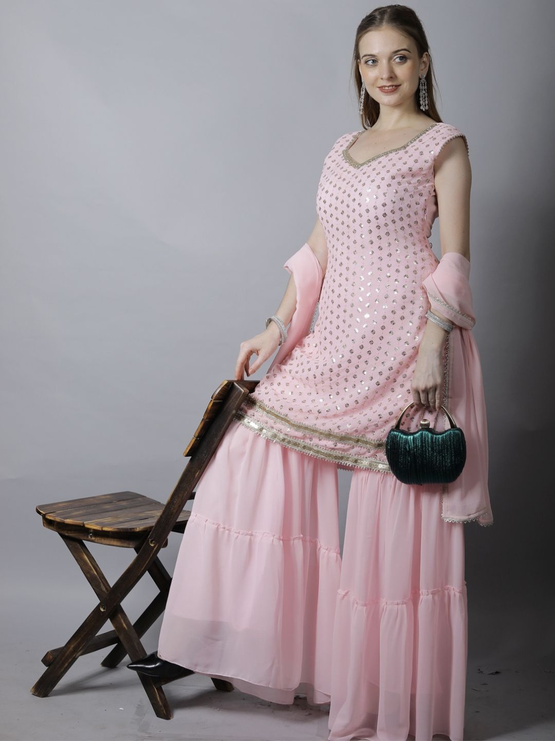 Pink Sequin Embroidered Georgette Kurta with Layered Sharara