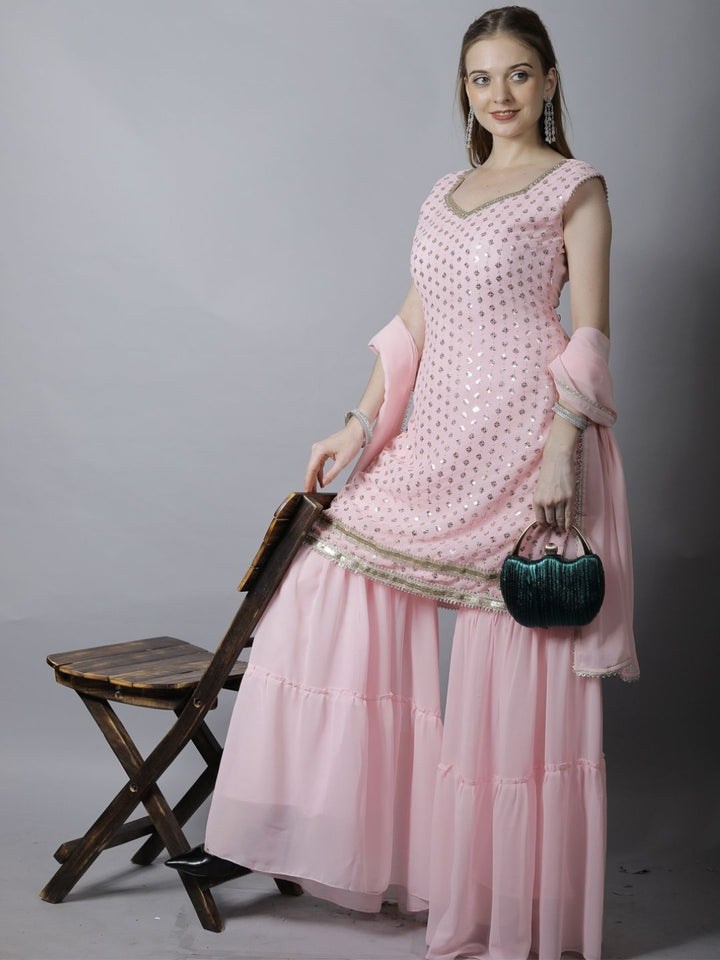 Pink Sequin Embroidered Georgette Kurta with Layered Sharara