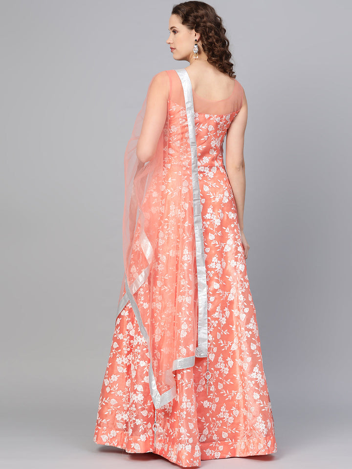 Pearl embellished Cocktail Gown with Floral Foil Print