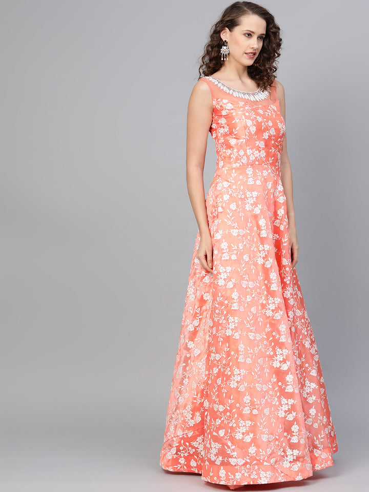 Pearl embellished Cocktail Gown with Floral Foil Print