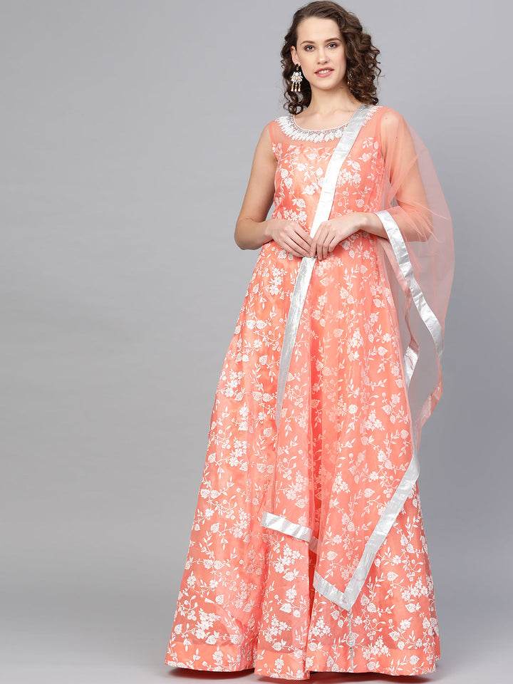 Pearl embellished Cocktail Gown with Floral Foil Print