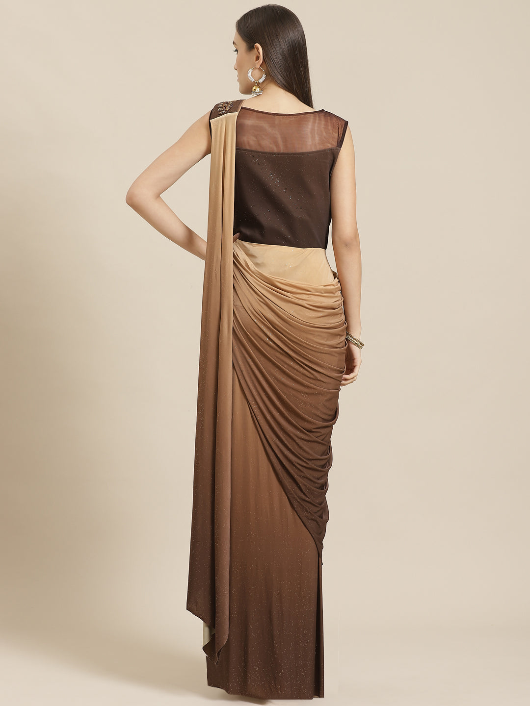 Ombre Ruffled Pre-stitched Bling Saree Gown with Embellished Festive Cowl Layering