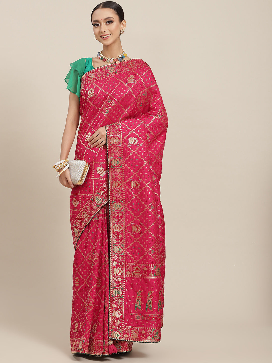 Magenta Gharchola Chanderi Silk Saree Embellished with Crystals