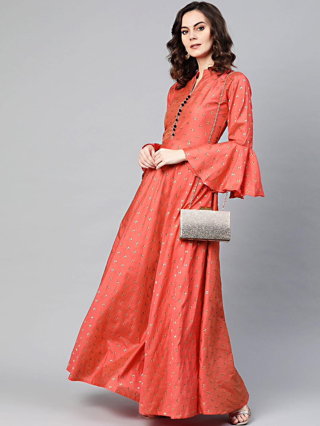 Anarkali Printed Kurta Dress with Bell Sleeves