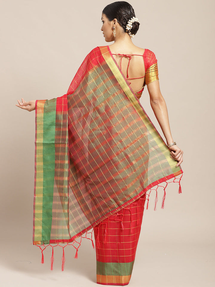 Banarasi Chanderi Checkered Saree with Contrast Brocade Blouse &Heavy Pallu with Tassels