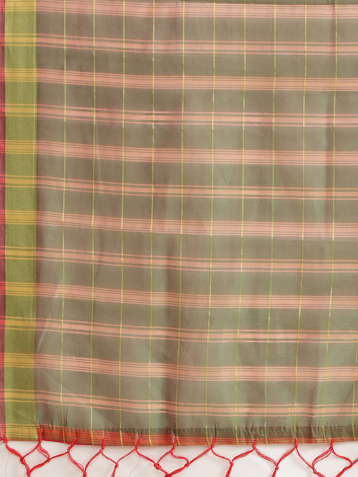 Banarasi Chanderi Checkered Saree with Contrast Brocade Blouse &Heavy Pallu with Tassels