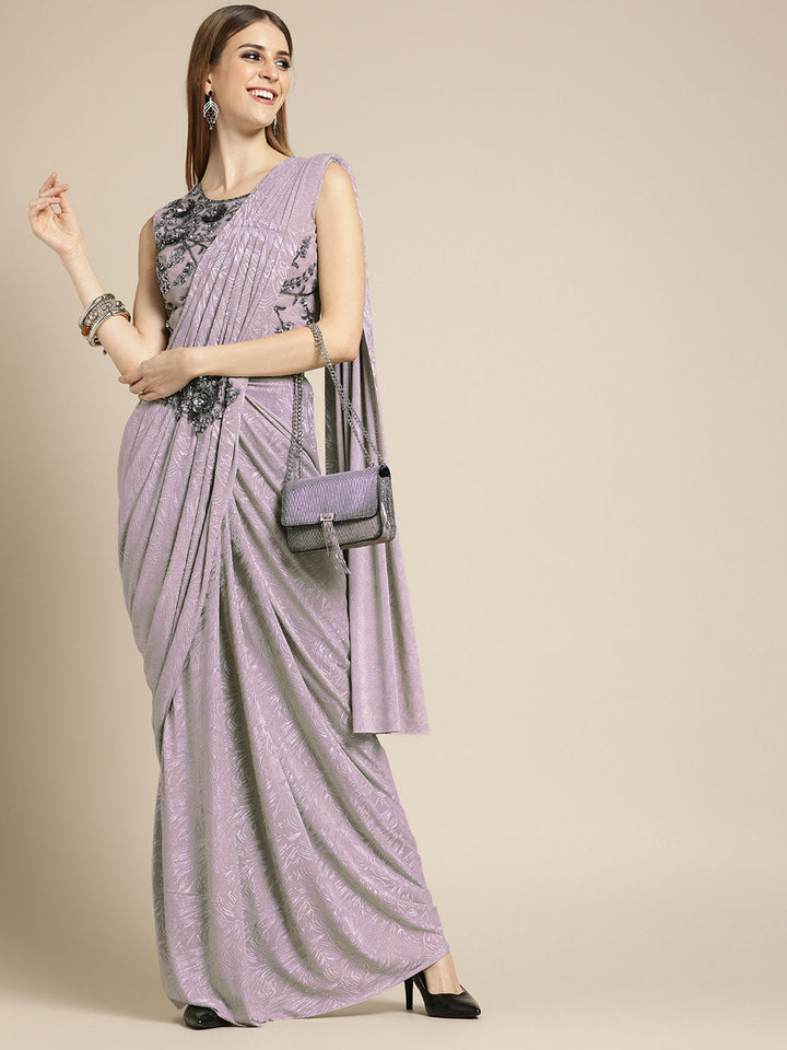 Ruffled Pre-Draped Shimmer Saree with Oxidised Embroidery and Embellished Net Blouse