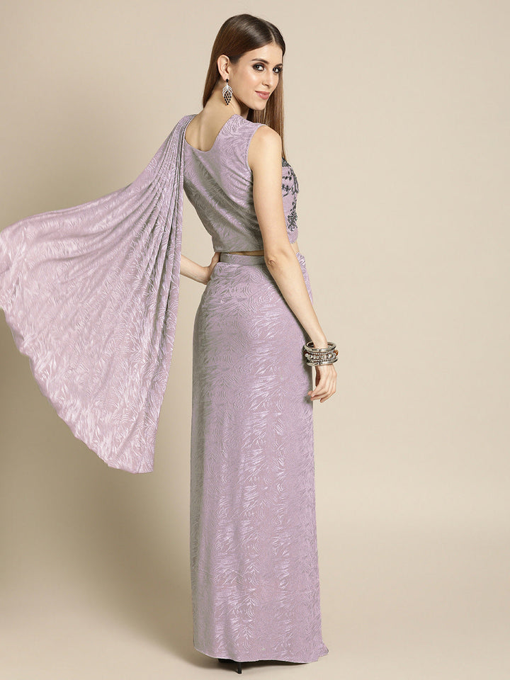 Ruffled Pre-Draped Shimmer Saree with Oxidised Embroidery and Embellished Net Blouse