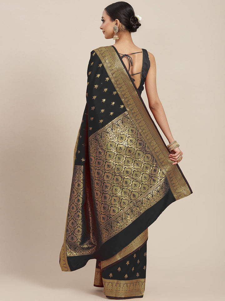 Golden Zari Woven Mysore Silk Handloom Saree with Floral motifs