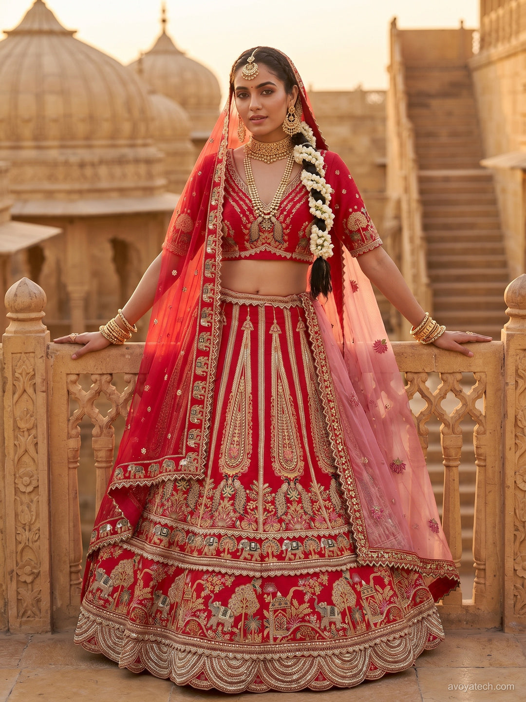 Red Zari Embroidered Bridal Lehenga Choli with Elephant Motif