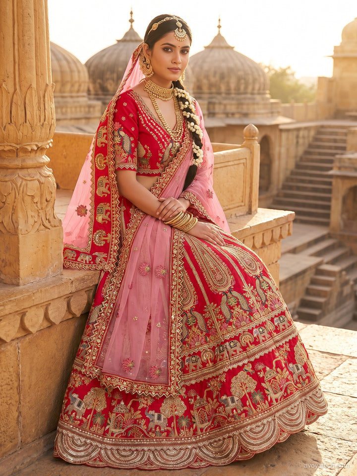 Red Zari Embroidered Bridal Lehenga Choli with Elephant Motif