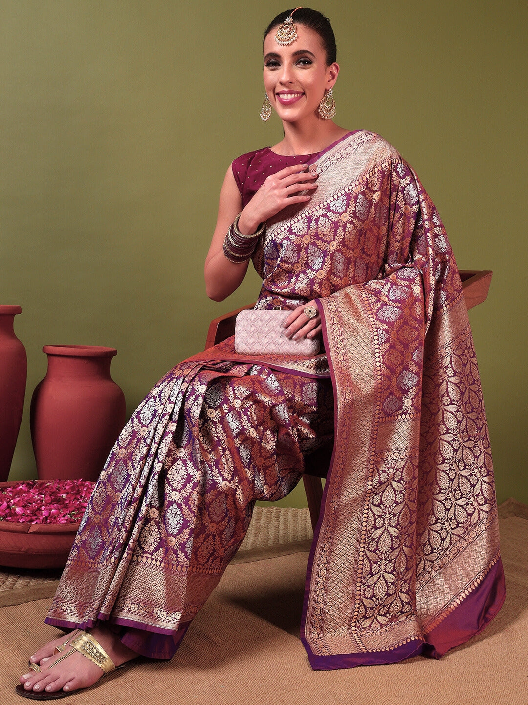 Traditional Banarasi Brocade Saree with Intricate Two-tone Gold Silver Zari Weaving