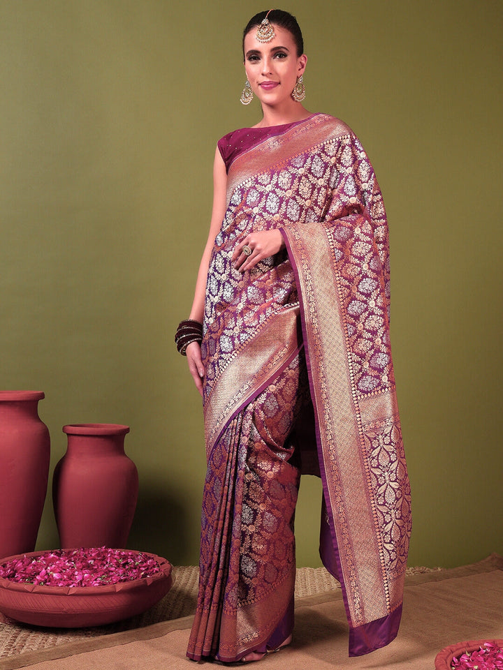 Traditional Banarasi Brocade Saree with Intricate Two-tone Gold Silver Zari Weaving