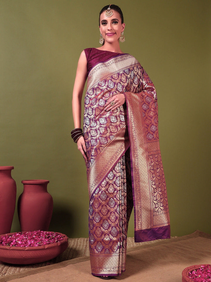 Traditional Banarasi Brocade Saree with Intricate Two-tone Gold Silver Zari Weaving