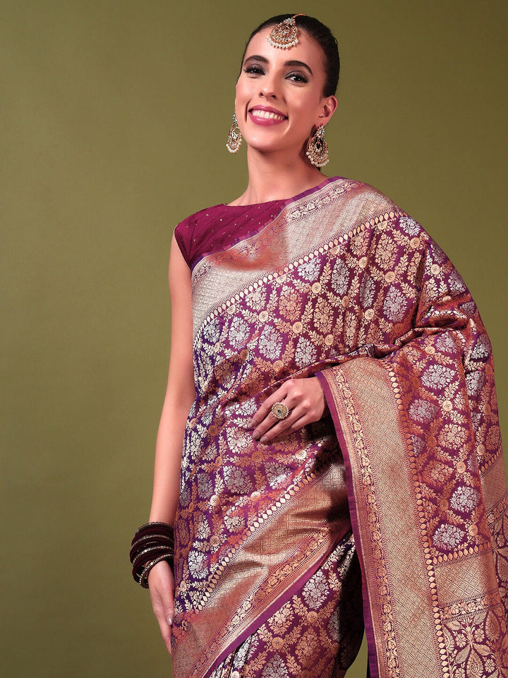 Traditional Banarasi Brocade Saree with Intricate Two-tone Gold Silver Zari Weaving