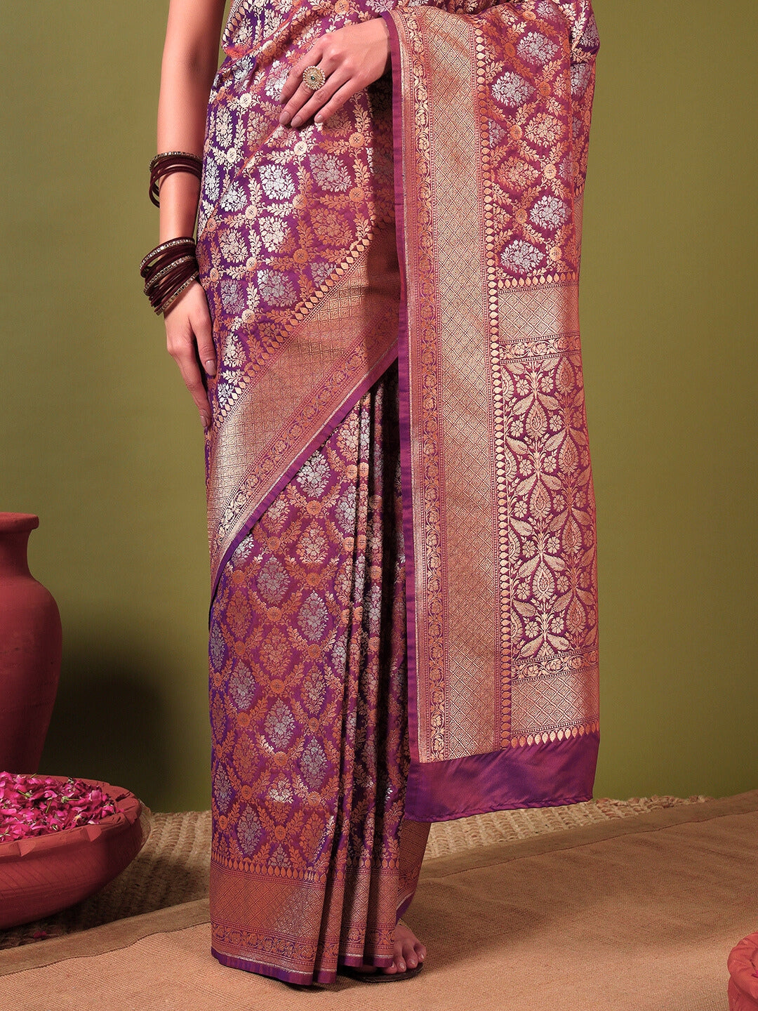 Traditional Banarasi Brocade Saree with Intricate Two-tone Gold Silver Zari Weaving