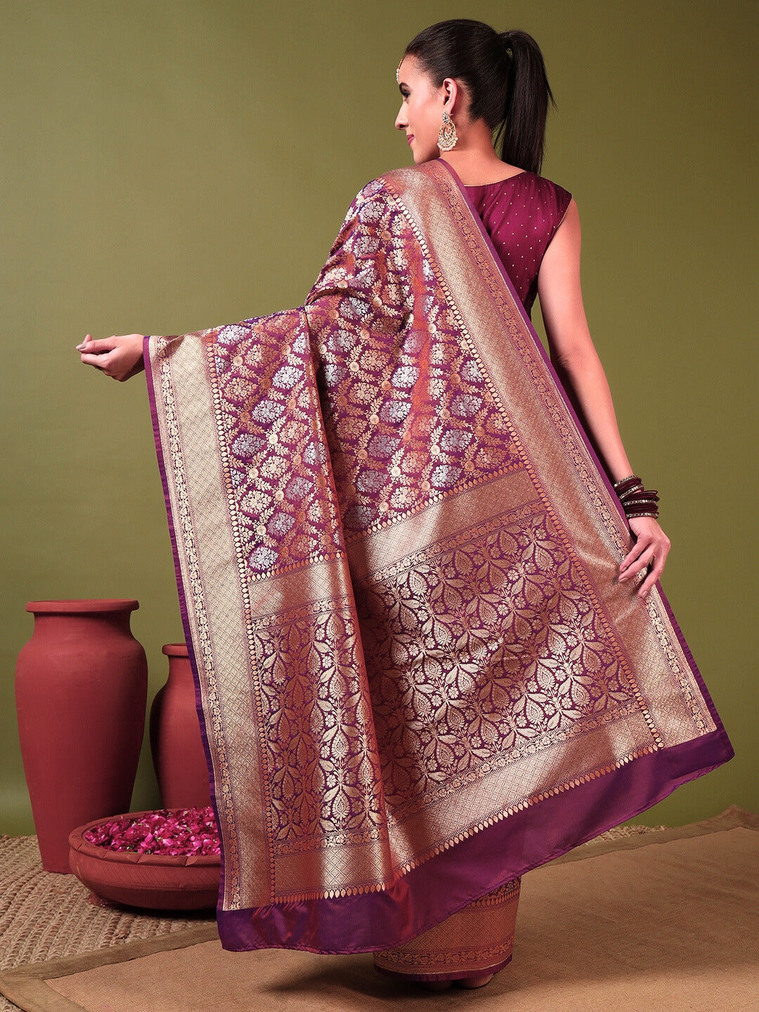 Traditional Banarasi Brocade Saree with Intricate Two-tone Gold Silver Zari Weaving